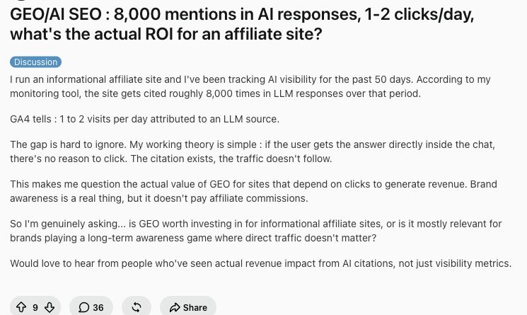 Screenshot of a public Reddit discussion in which a user questions the link between AI mentions, visits, and revenue