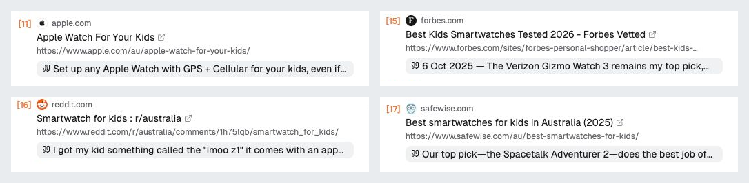 儿童手表回答的引用列表,包含 Apple Watch For Your Kids、Forbes 儿童手表评测、澳大利亚社区讨论与 SafeWise 选型页面