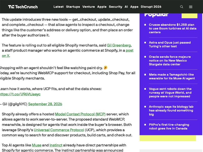 TechCrunch on Shopify opening checkout to browser agents with WebMCP