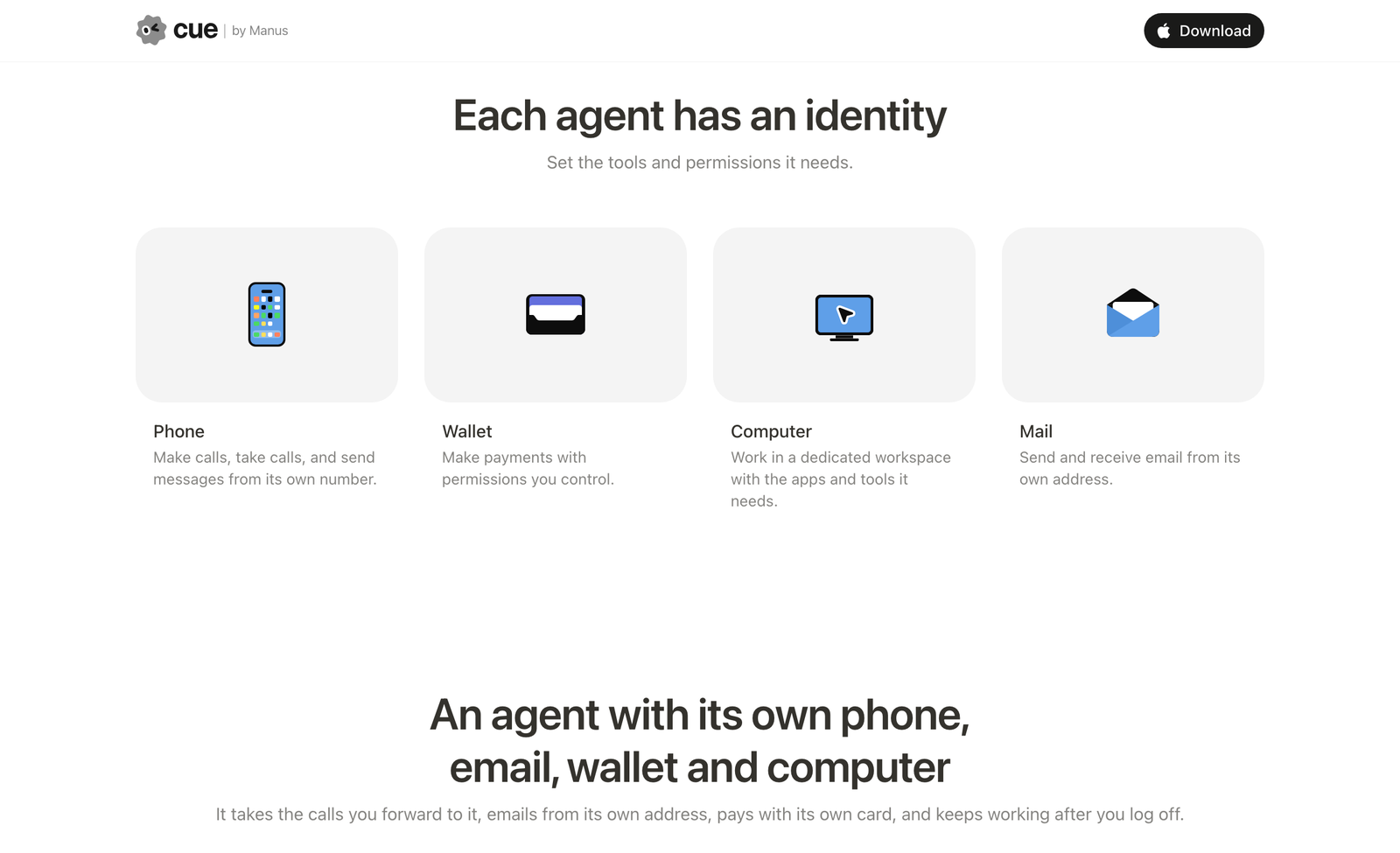 Cue's website: each agent has an identity