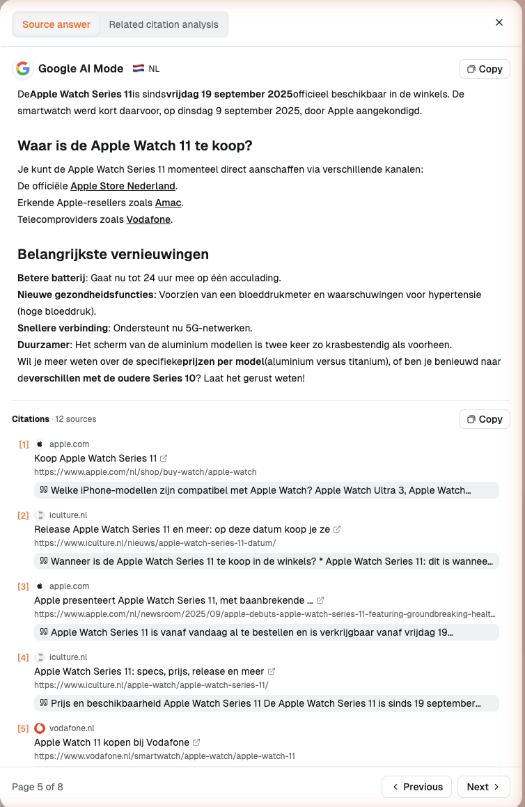 Original answer in Dageno Evidence preview: Dutch Google AI Mode answer about Apple Watch Series 11 and its citations