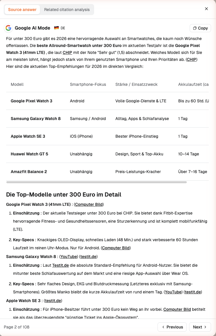 Germany Google AI Mode Source answer and smartwatch comparison table