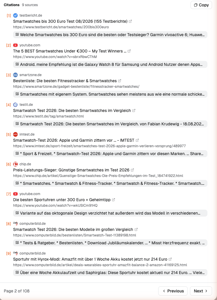 The 9 third-party citation sources in the Germany Google AI Mode Source answer