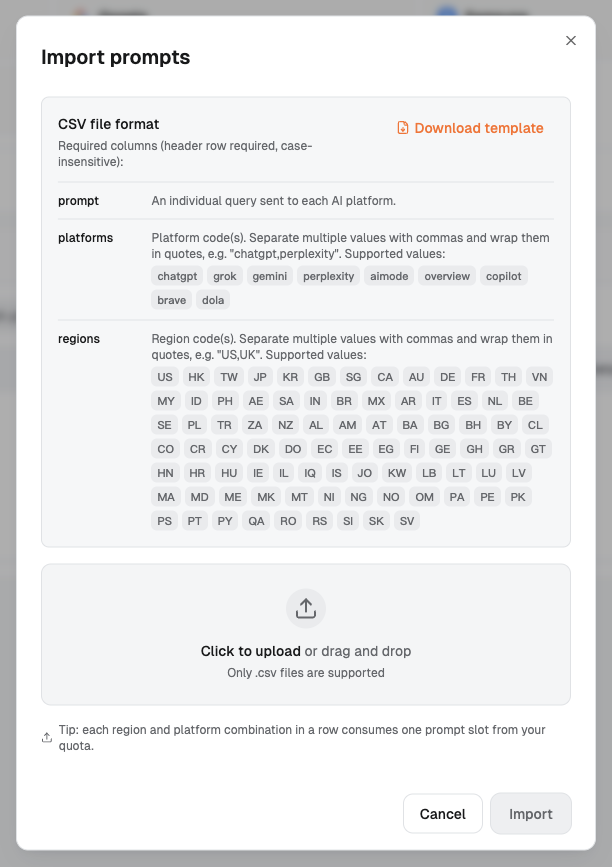 Dageno Import prompts dialog: three required CSV columns and supported platform and region codes