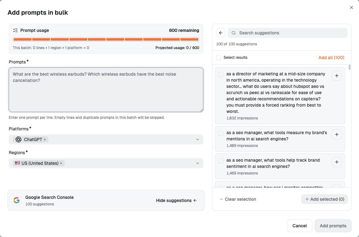 Dageno's Add prompts in bulk dialog with a line-by-line question field, Platforms, Regions, batch usage, and a search suggestions panel