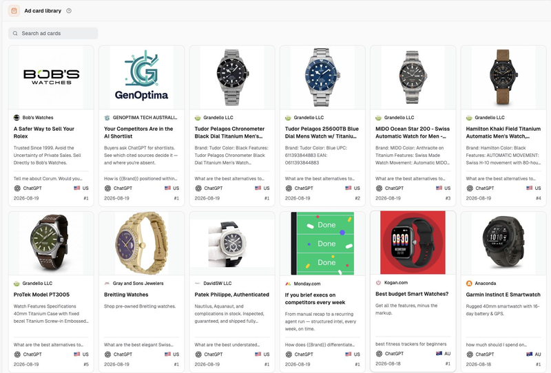 Dageno’s ad card library links observed ChatGPT creatives to query, region and placement context.