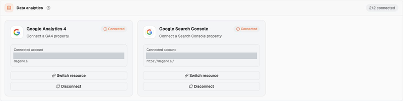 Dageno provides connection management for Google Analytics 4 and Google Search Console resources.