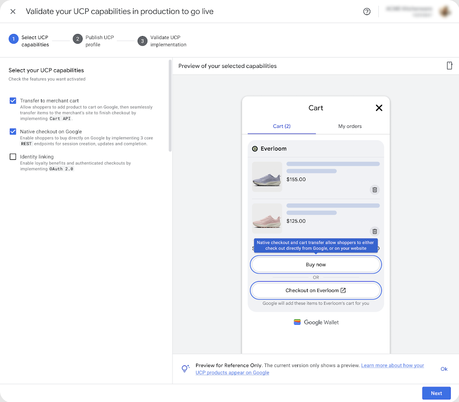 The capability selection page in the hub